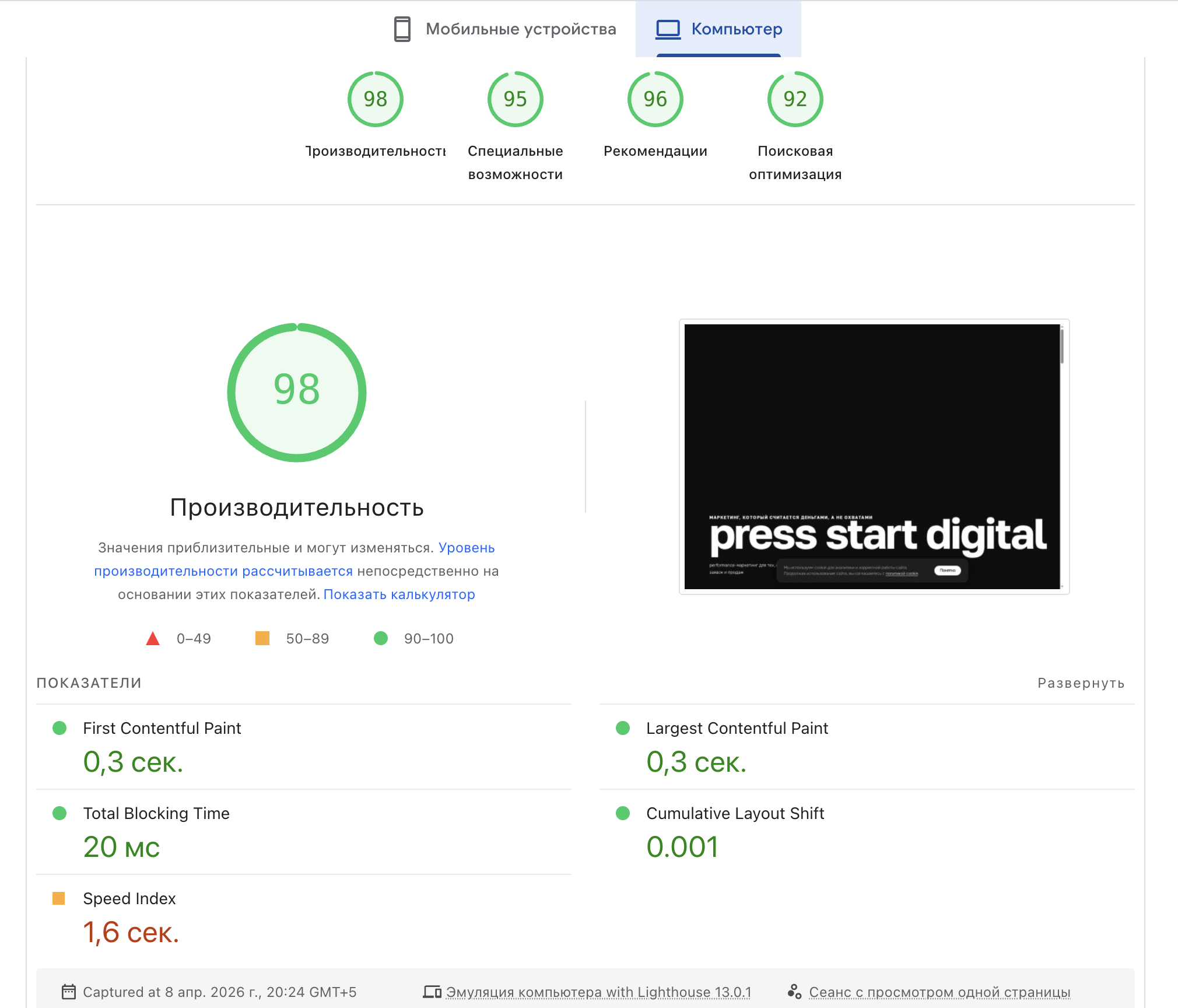 PageSpeed Insights — результаты pressstartdigital.ru: производительность 98, SEO 92
