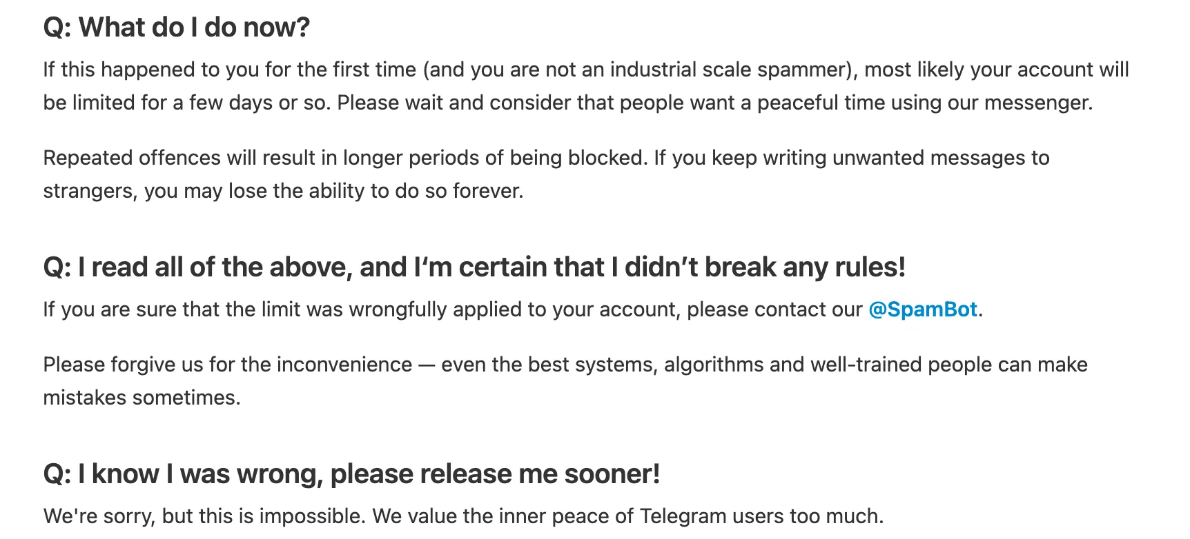 Spam FAQ Telegram: первое нарушение ограничивает аккаунт на несколько дней, досрочно снять ограничение невозможно