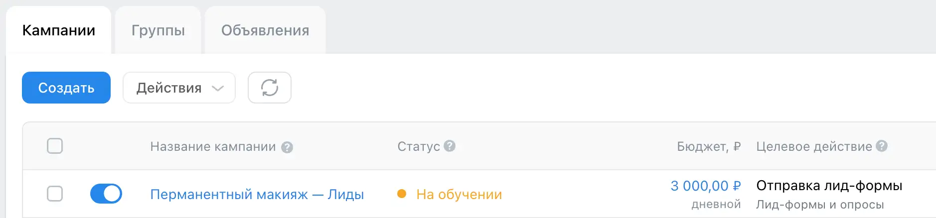 Кампания «Перманентный макияж — Лиды» в статусе «На обучении» в VK Реклама — дневной бюджет 3 000 ₽, цель «Отправка лид-формы»