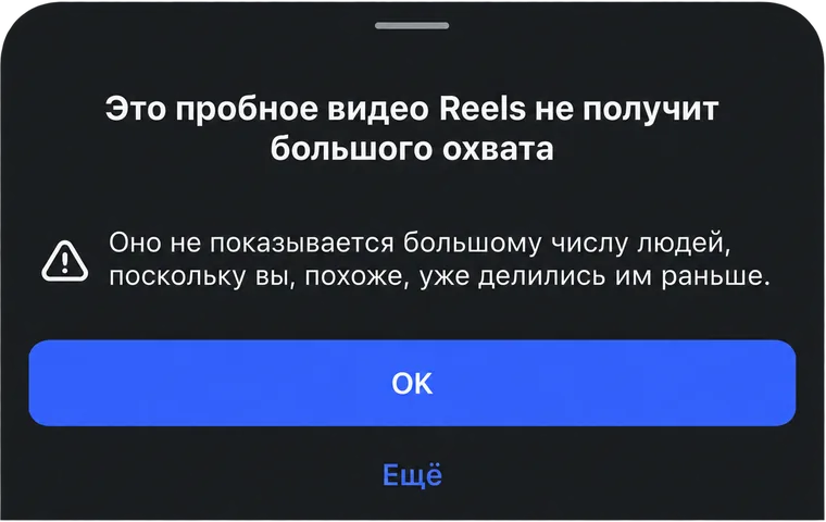 Окно Instagram: «Это пробное видео Reels не получит большого охвата. Оно не показывается большому числу людей, поскольку вы, похоже, уже делились им раньше»